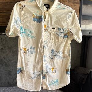 O'Neill Cream Short-Sleeve Button-Down with Blue and Yellow Tropical Print